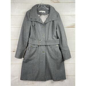Kenneth Cole Coat Womens Sz 8 Gray Belted Wool Blend Trench Coat Satin Lined